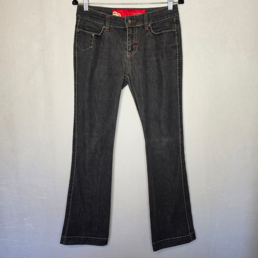Ecko Red Womens Y2K Dark Wash Flare Jeans Red Contrast Stitching Size 7